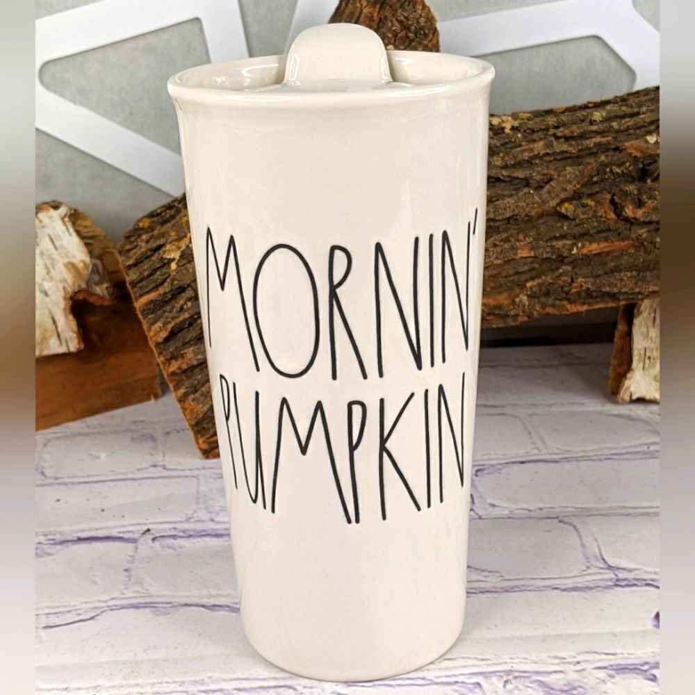 Rae Dunn MORNIN' PUMPKIN Ceramic Travel Tumbler Mug with Lid